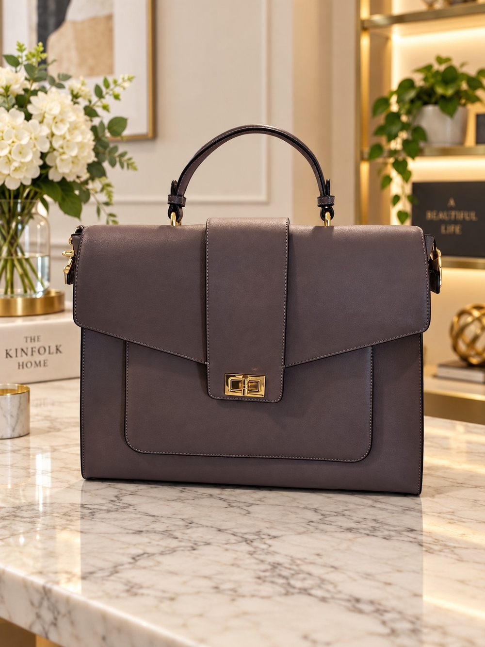 Classic Structured Top-Handle Bag in Taupe